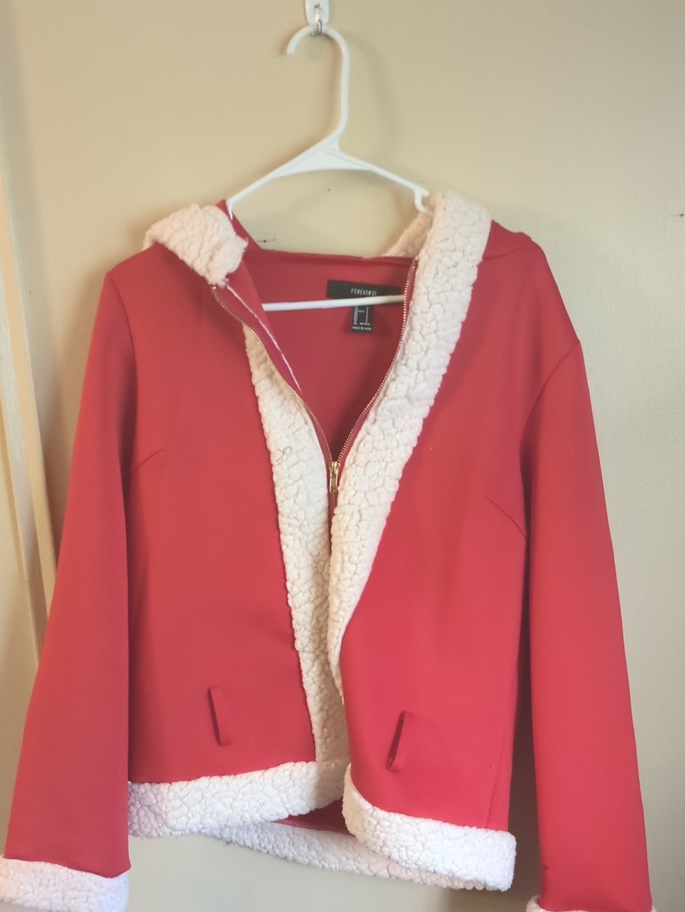 Forever 21 Red Teddy-Lined Zip Hoodie Jacket